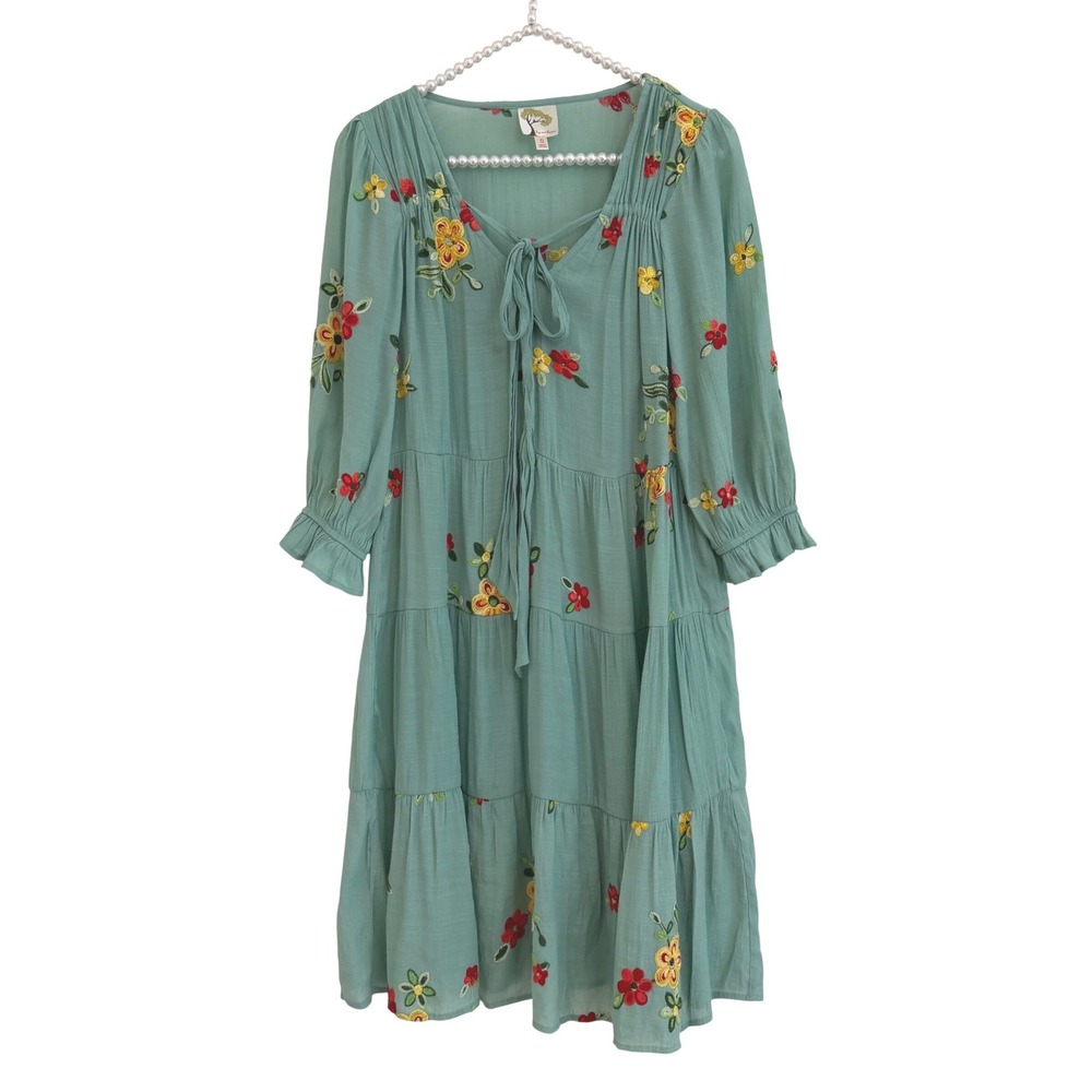 Fig and Flower Anthropologie Green Floral Embroidered Tiered Fairy Boho Dress S
